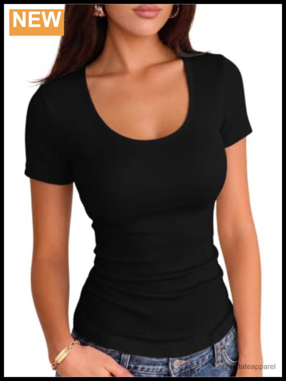 Ribbed Scoop Neck Short Sleeve Slim Fitted Casual Basic Top